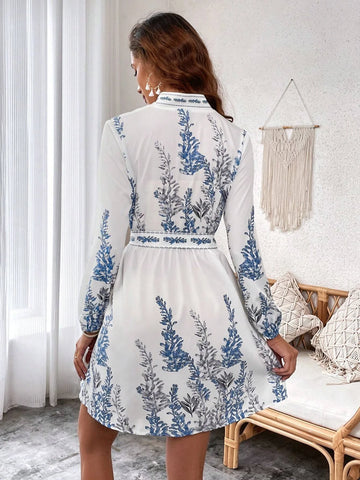 Floral Print Lantern Sleeve Belted Dress
