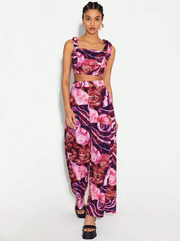 Floral Print Crop Cami Top & Wide Leg Pants