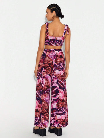 Floral Print Crop Cami Top & Wide Leg Pants