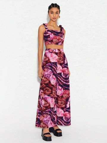 Floral Print Crop Cami Top & Wide Leg Pants