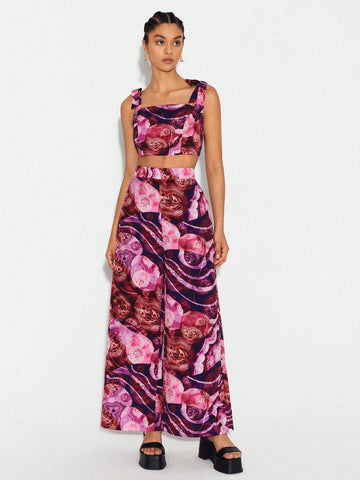 Floral Print Crop Cami Top & Wide Leg Pants