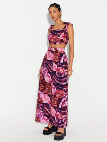 Floral Print Crop Cami Top & Wide Leg Pants
