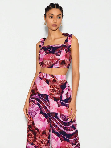 Floral Print Crop Cami Top & Wide Leg Pants
