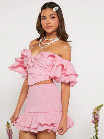 Off Shoulder Ruffle Trim Ruched Bustier Bandana Hem Crop Top
