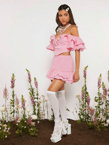 Off Shoulder Ruffle Trim Ruched Bustier Bandana Hem Crop Top