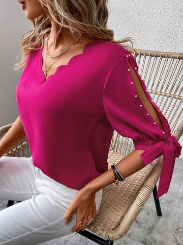 EMERY ROSE Scallop Trim Knot Cuff Blouse
