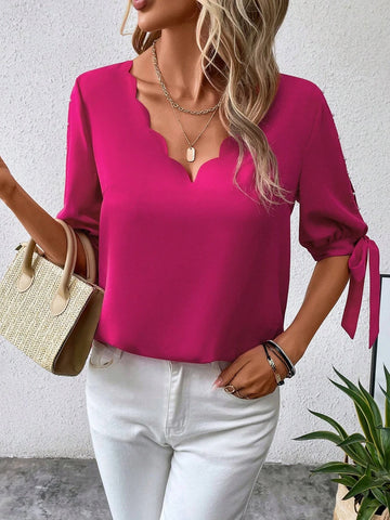 EMERY ROSE Scallop Trim Knot Cuff Blouse