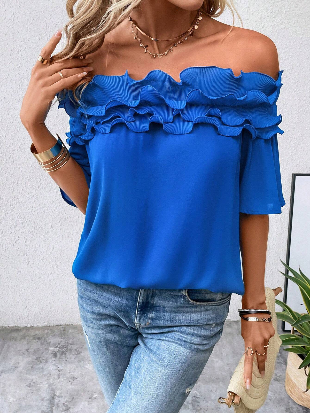 Off Shoulder Ruffle Trim Blouse