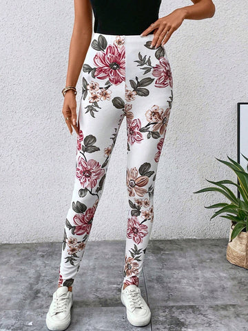 EMERY ROSE Floral Print Elastic Waist Leggings