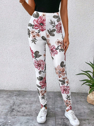 EMERY ROSE Floral Print Elastic Waist Leggings