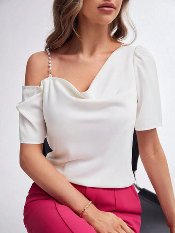 Asymmetrical Neck Pearls Beaded Draped Front Blouse