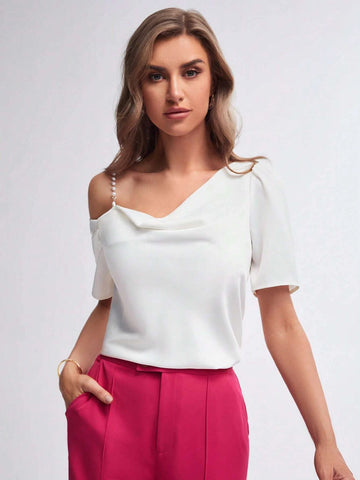 Asymmetrical Neck Pearls Beaded Draped Front Blouse
