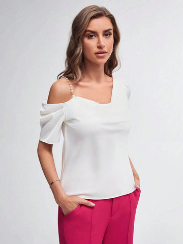 Asymmetrical Neck Pearls Beaded Draped Front Blouse
