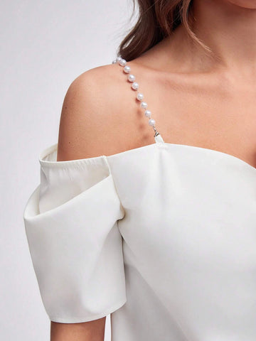 Asymmetrical Neck Pearls Beaded Draped Front Blouse