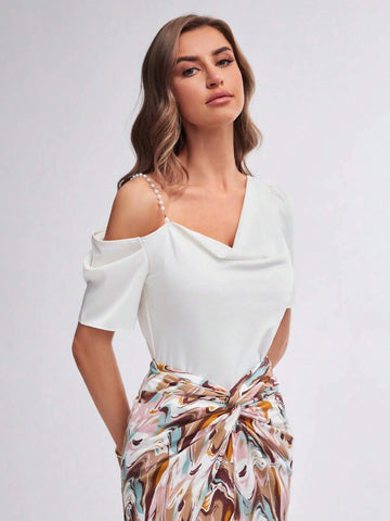 Asymmetrical Neck Pearls Beaded Draped Front Blouse