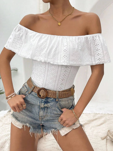 Off Shoulder Ruffle Trim Bodysuit