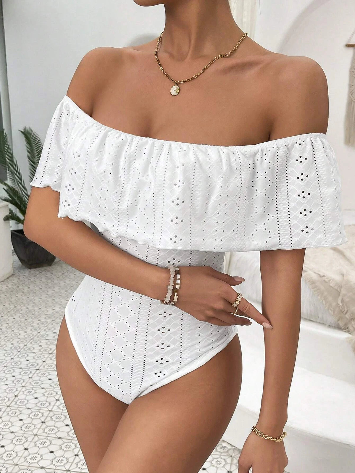 Off Shoulder Ruffle Trim Bodysuit