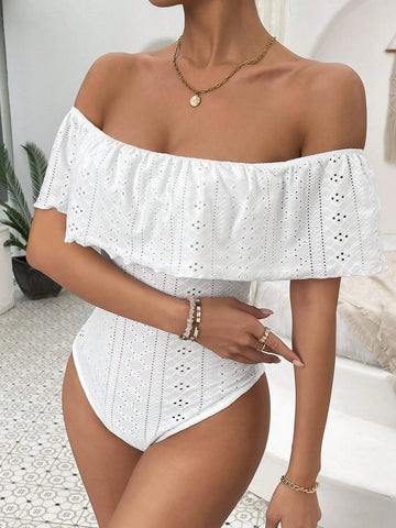 Off Shoulder Ruffle Trim Bodysuit