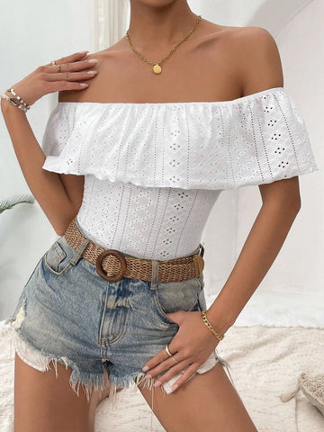 Off Shoulder Ruffle Trim Bodysuit