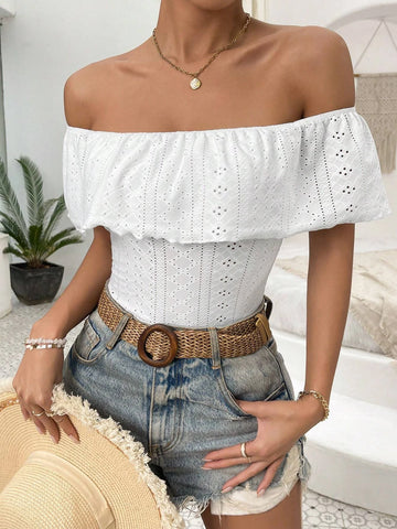 Off Shoulder Ruffle Trim Bodysuit