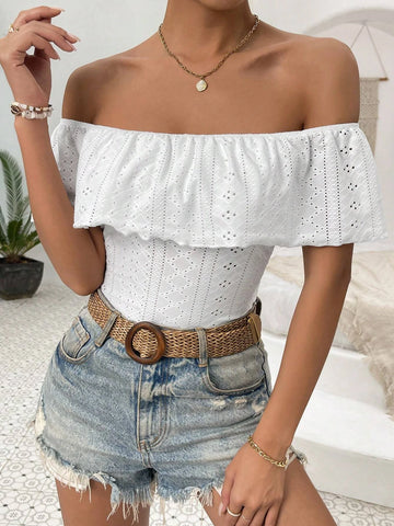 Off Shoulder Ruffle Trim Bodysuit