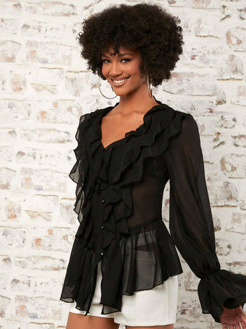 Ruffle Trim Flounce Sleeve Blouse