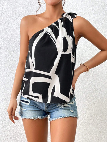 Unity Graphic Print One Shoulder Knot Detail Blouse