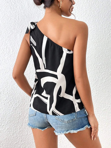 Unity Graphic Print One Shoulder Knot Detail Blouse