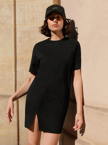 Solid Split Hem Tee Dress Without Chain