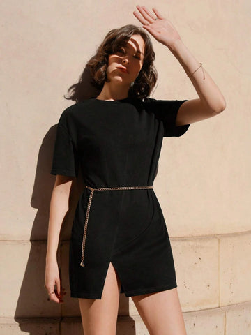 Solid Split Hem Tee Dress Without Chain