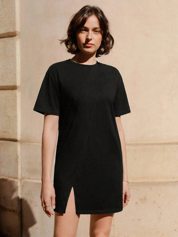 Solid Split Hem Tee Dress Without Chain