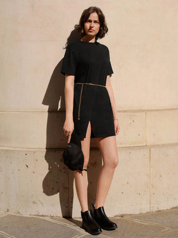 Solid Split Hem Tee Dress Without Chain