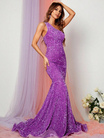 One Shoulder Mermaid Hem Sequin Formal Dress
