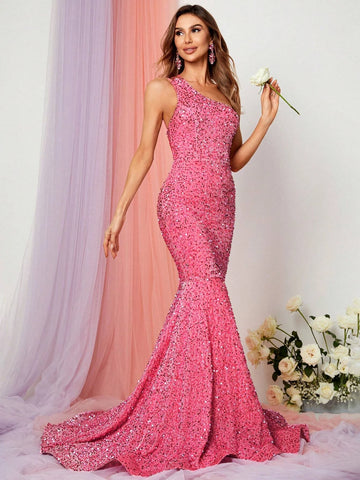 One Shoulder Mermaid Hem Sequin Formal Dress