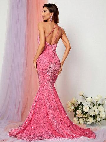 One Shoulder Mermaid Hem Sequin Formal Dress
