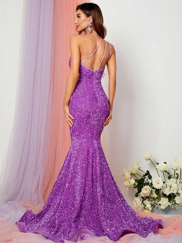 One Shoulder Mermaid Hem Sequin Formal Dress