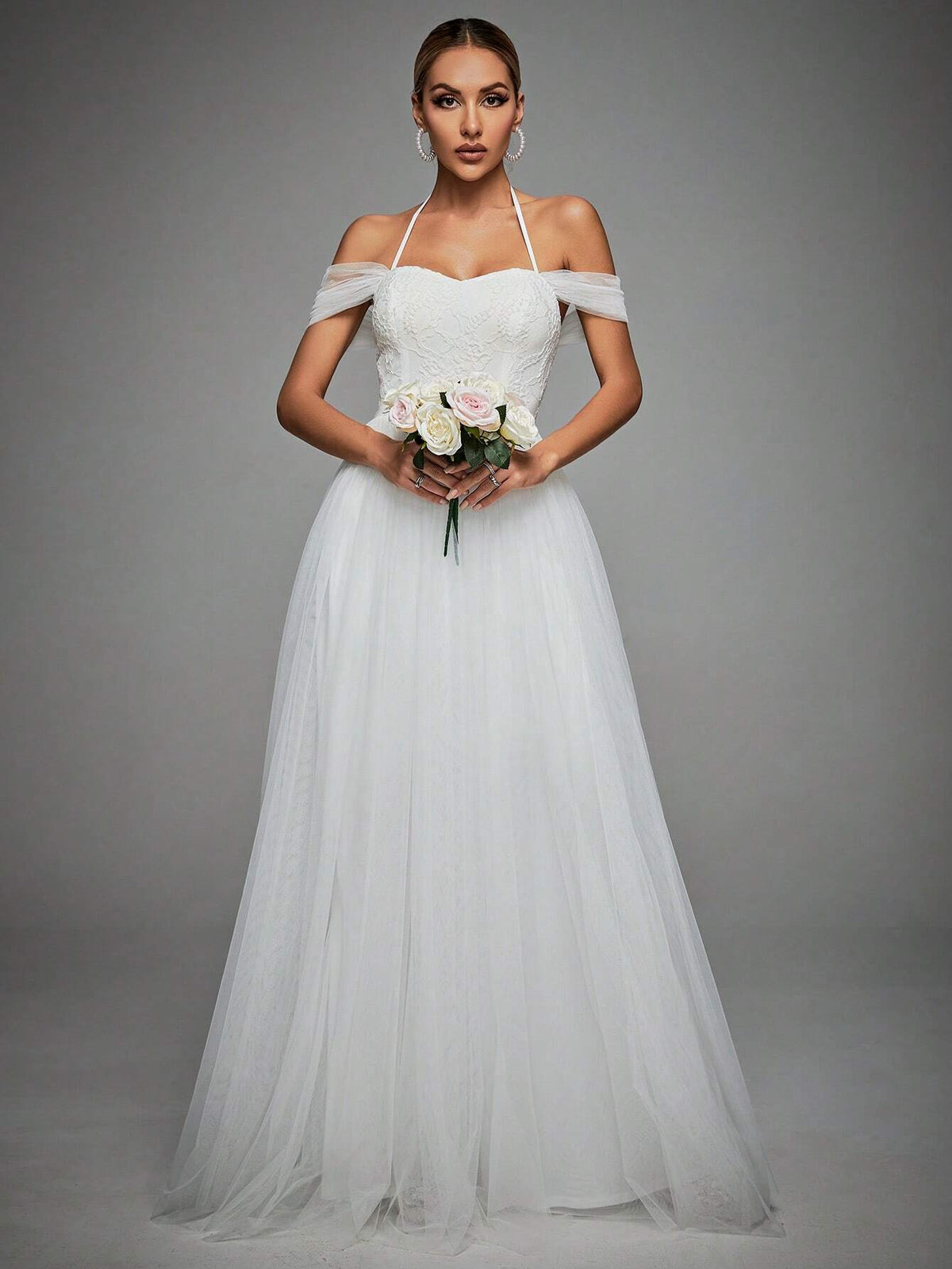 Cold Shoulder Mesh Wedding Dress