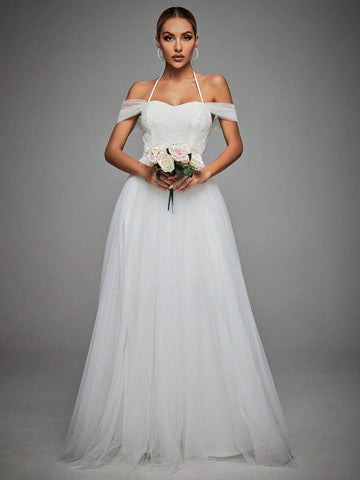 Cold Shoulder Mesh Wedding Dress