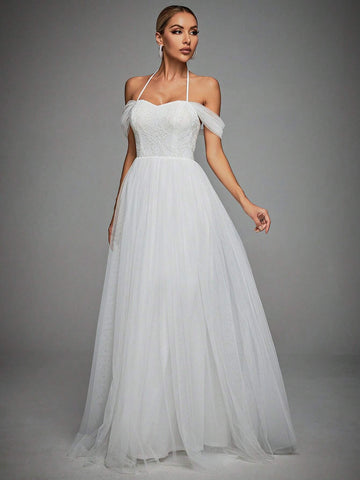 Cold Shoulder Mesh Wedding Dress