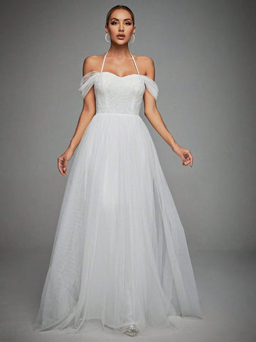 Cold Shoulder Mesh Wedding Dress