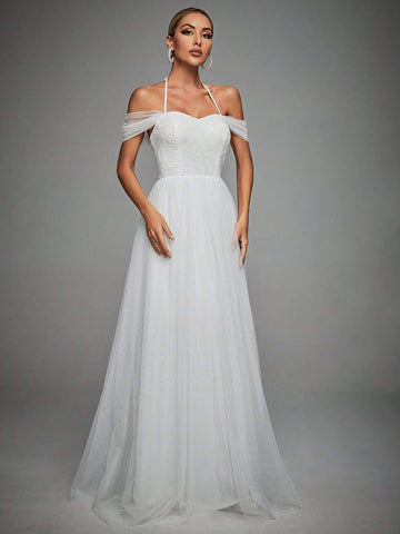 Cold Shoulder Mesh Wedding Dress