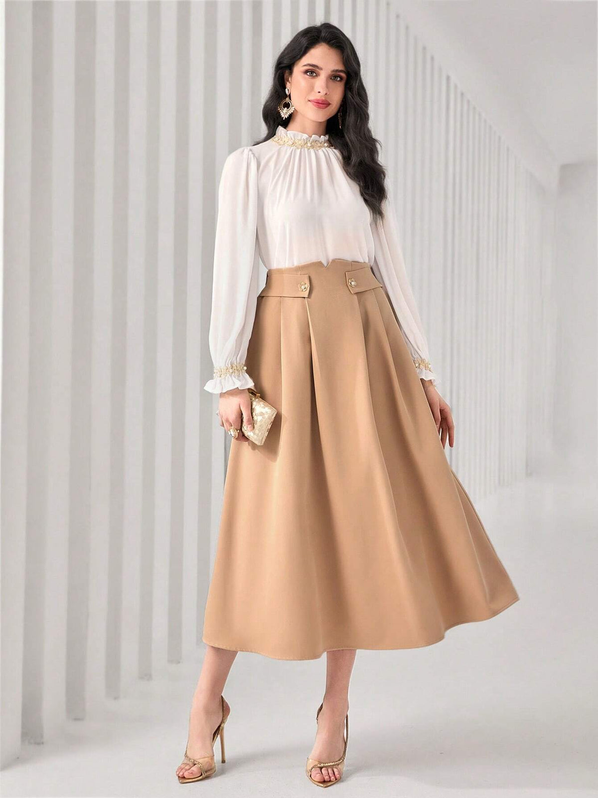 Frill Trim Flounce Sleeve Top & Fold Pleated Skirt