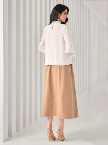 Frill Trim Flounce Sleeve Top & Fold Pleated Skirt