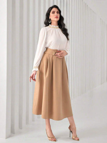 Frill Trim Flounce Sleeve Top & Fold Pleated Skirt