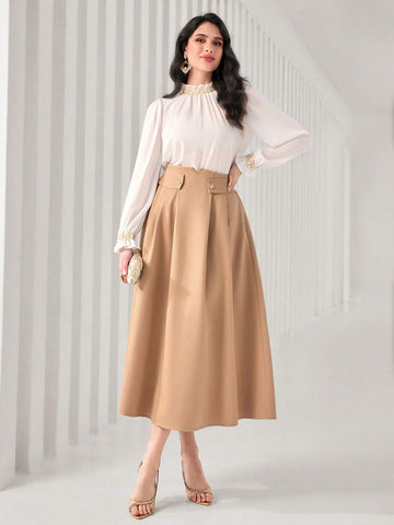 Frill Trim Flounce Sleeve Top & Fold Pleated Skirt