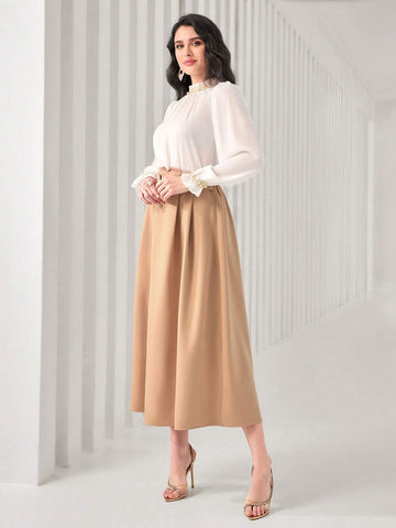 Frill Trim Flounce Sleeve Top & Fold Pleated Skirt