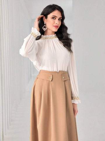 Frill Trim Flounce Sleeve Top & Fold Pleated Skirt