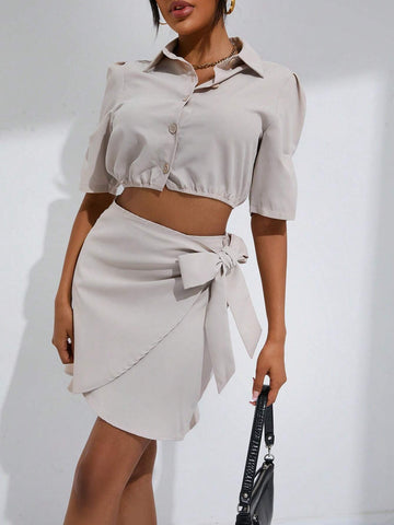 Solid Button Front Crop Blouse & Knot Side Wrap Skirt