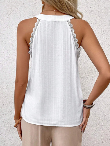 EMERY ROSE Guipure Lace Trim Half Button Contrast Lace Sleeveless Blouse