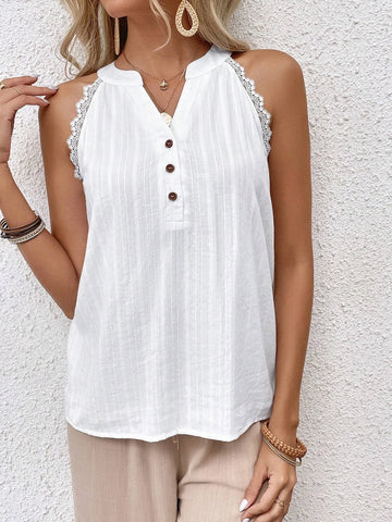 EMERY ROSE Guipure Lace Trim Half Button Contrast Lace Sleeveless Blouse